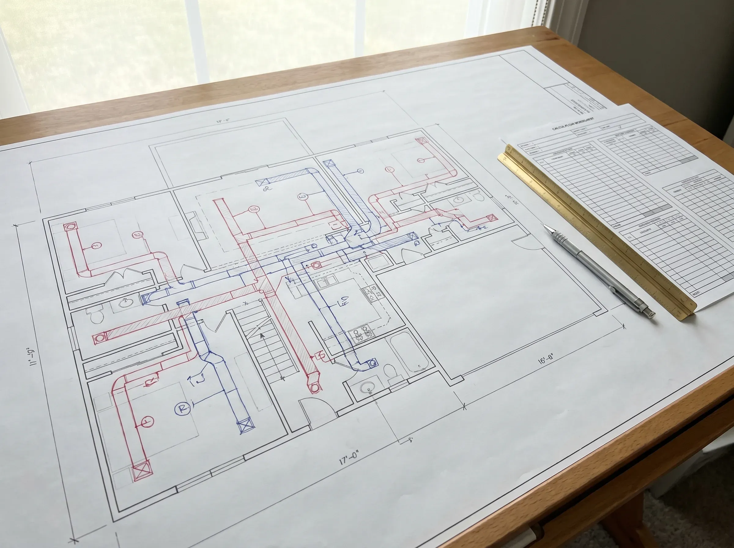 Manual J load calc on architect's drafting table.