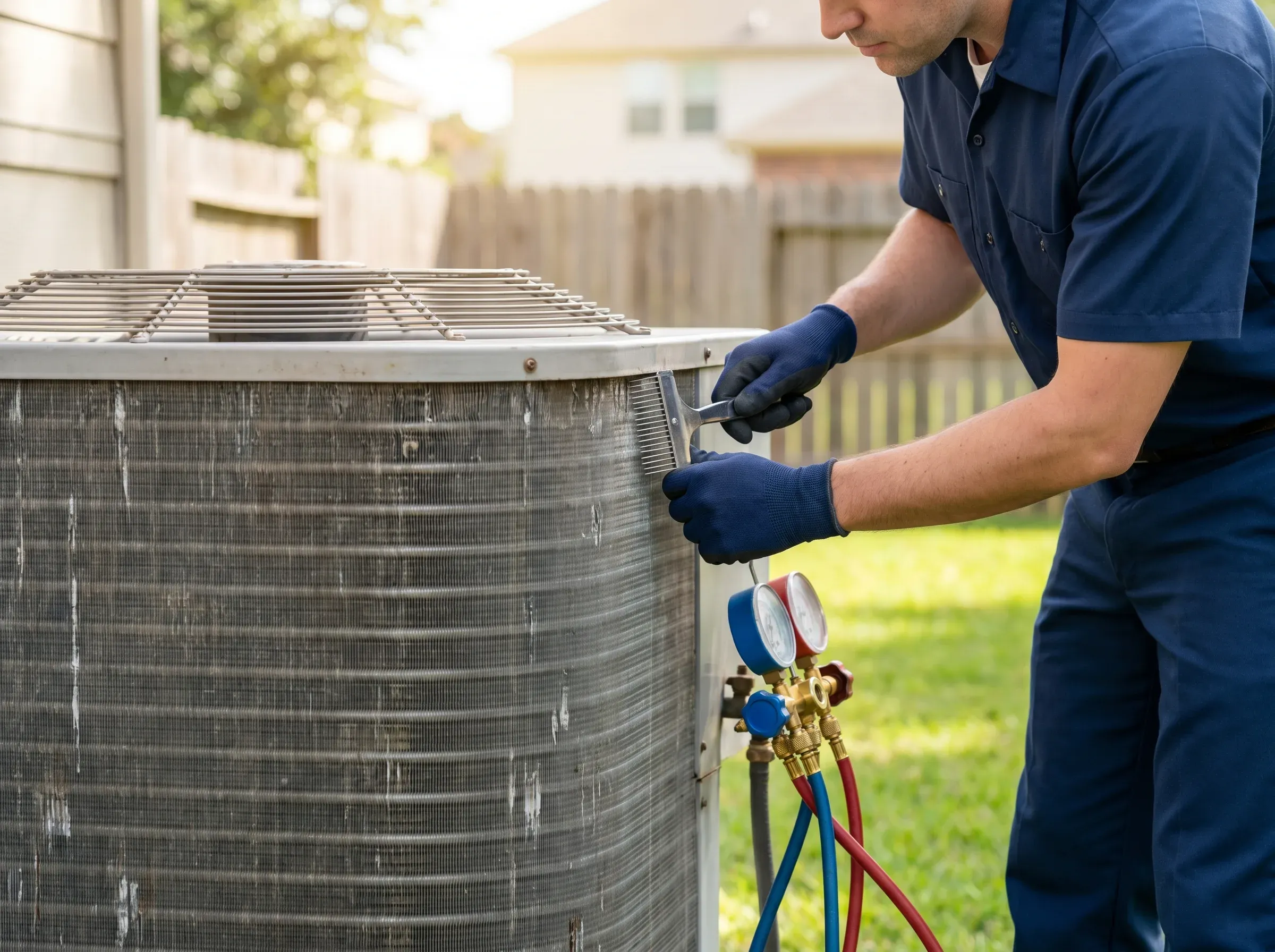 White-cloth wipe across condenser fins, gauge visible.