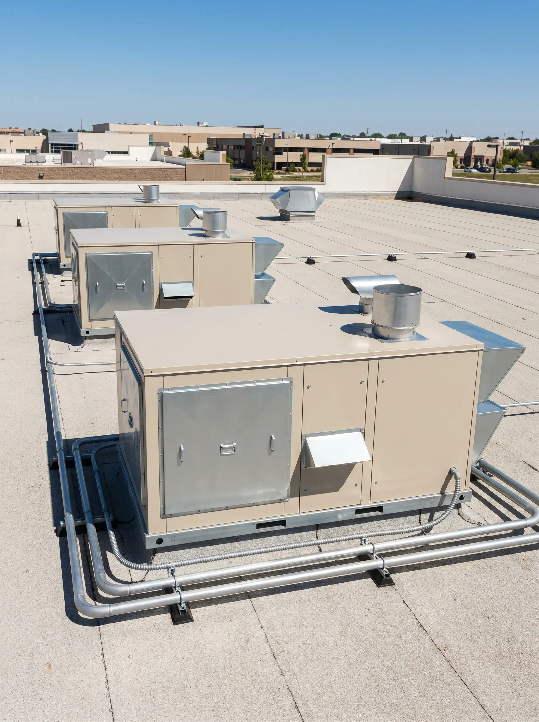 Open commercial mechanical room with rooftop unit visible through a skylight and tidy spiral ductwork.